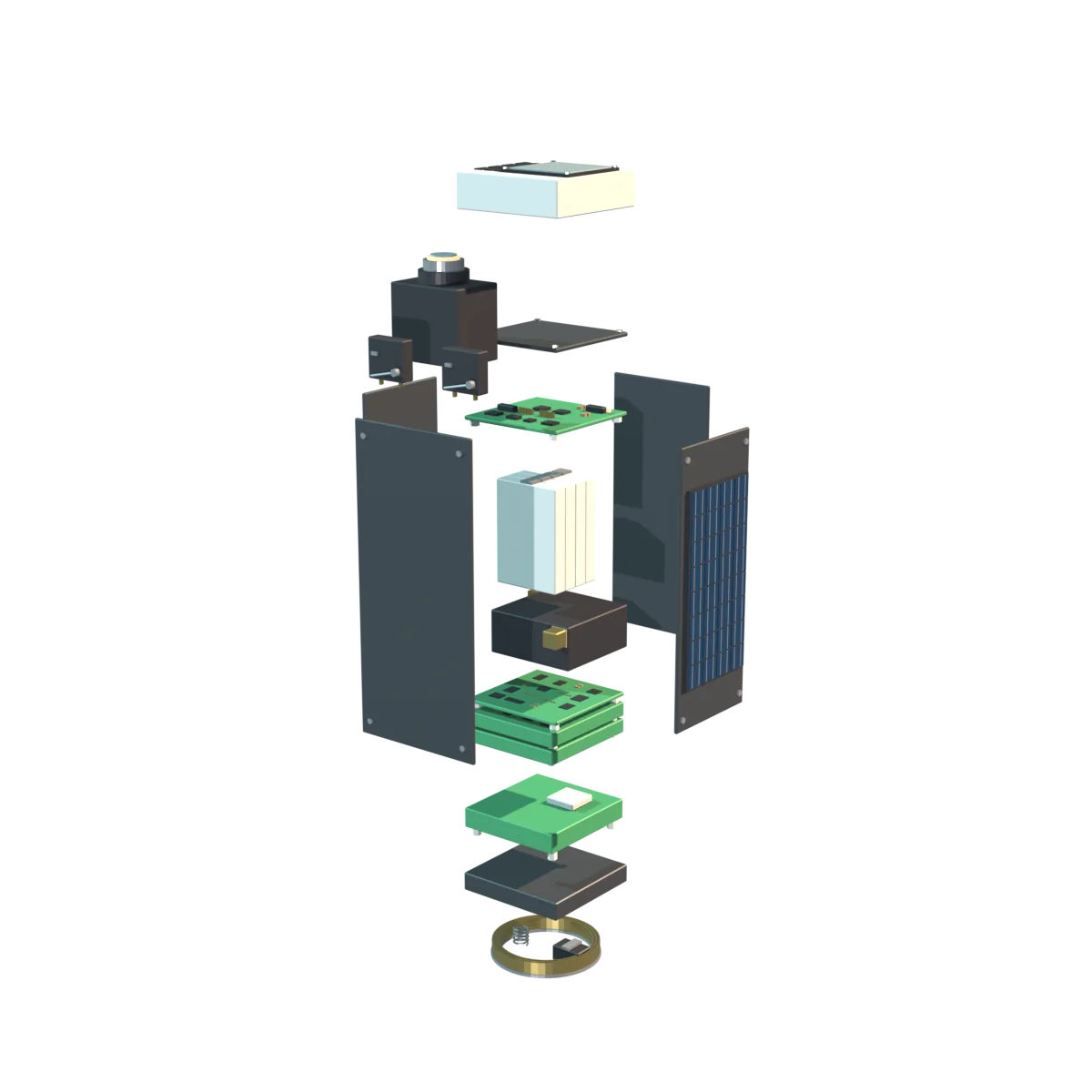 Exploded view of the RedPill satellite: payload, camera, boards, batteries, antenna ring and four side panels separated along the vertical axis.