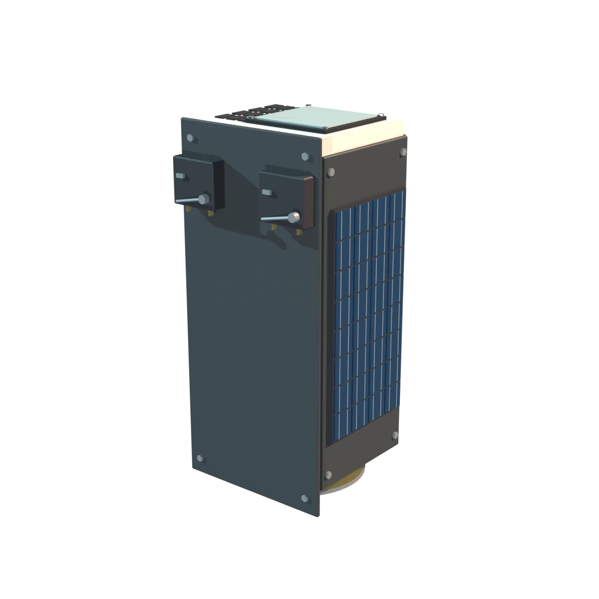 The RedPill PocketQube satellite: a slim box with dark blue solar panels, a white payload block on top and a gold ring at the base.